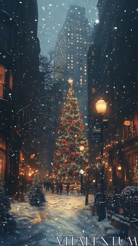Snowy city street with tall decorated Christmas tree.
