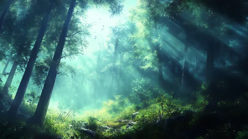 Sunlit Forest Canopy with Atmospheric Light Rays.