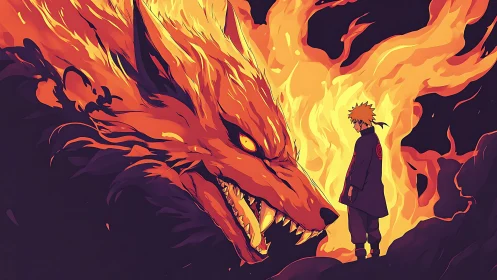 Human figure before large flaming fox entity at night.