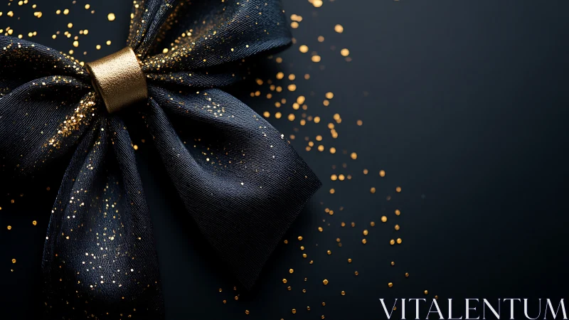 Dark ribbon bow with gold glitter on plain black surface