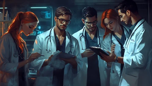Medical team reviews patient notes in modern lab setting.