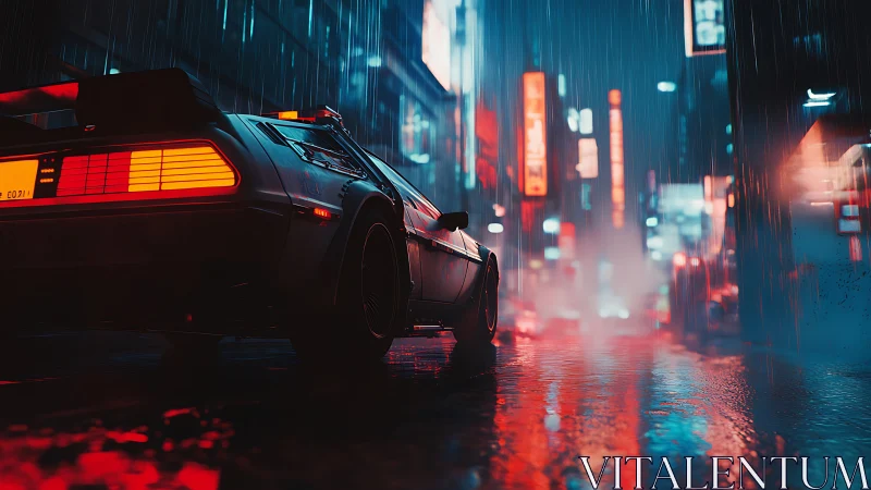 Retro sports car under neon rain in futuristic night city.