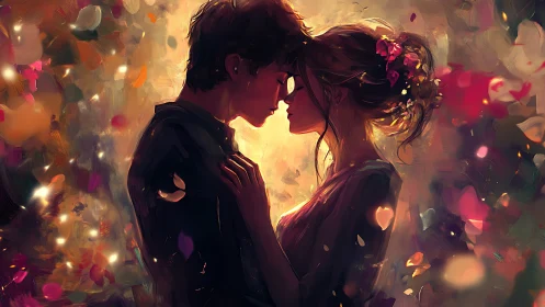 Silhouetted Romance: Luminous Couple Profile with Bokeh Light Particles and Floral Elements