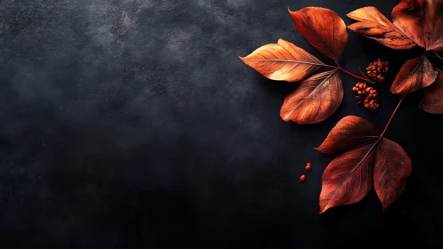 Autumnal leaf cluster on textured low key charcoal surface.