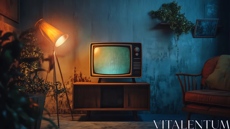 Retro cathode-ray television in moody bicolor living room.