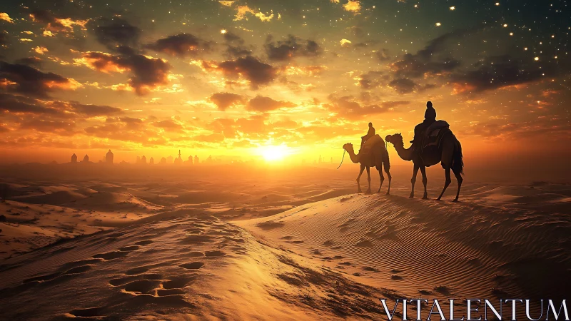 Riders on camels crossing desert dunes at sunset horizon.