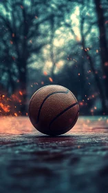 Lone basketball rests on wet court amid rising embers
