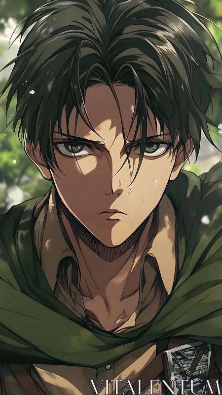 Close cropped anime portrait shows focused male soldier