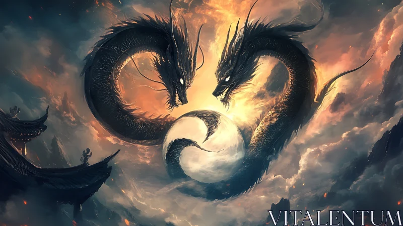 Twin celestial dragons circling a glowing yin yang sphere.