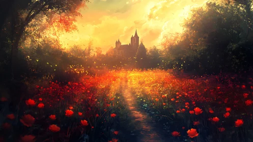 Golden sunset path wanders through glowing red flower fields