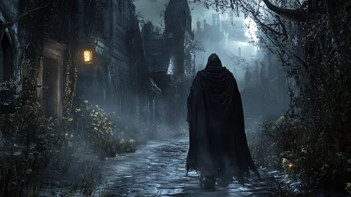 Cloaked wanderer haunts a mist-soaked gothic alleyway night.