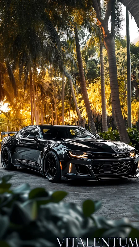 Glossy black performance coupe under warm directional sunset light