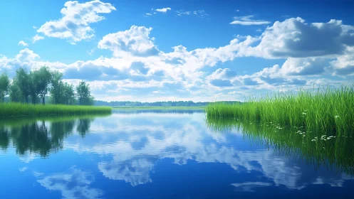 Summer lake daydream with drifting clouds and tall reeds.