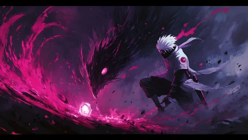 Masked warrior confronts swirling pink shadow energy storm.