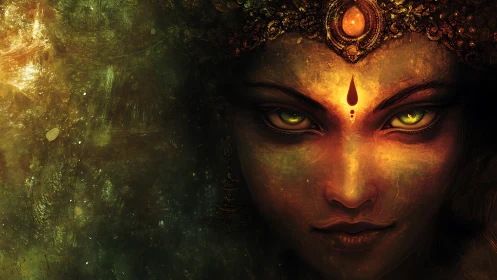 Mystical goddess portrait glows with intense emerald eyes