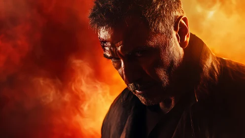 Scorched lone warrior glowers through embers and shadowed flame.