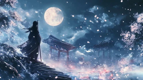 Lone warrior watches moonlit shrine beneath drifting petals.