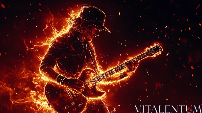 Fiery Guitarist Silhouette Engulfed in Explosive Golden Flames.