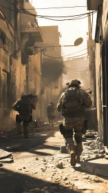 Soldiers advance through damaged urban alley under harsh light
