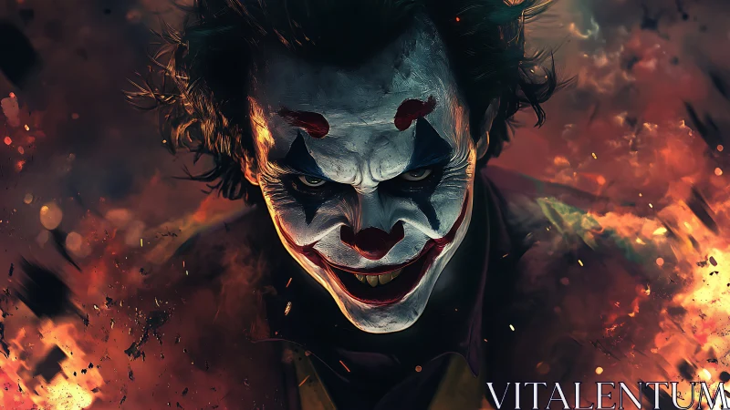 Smoldering clown antihero framed in swirling fiery chaos.
