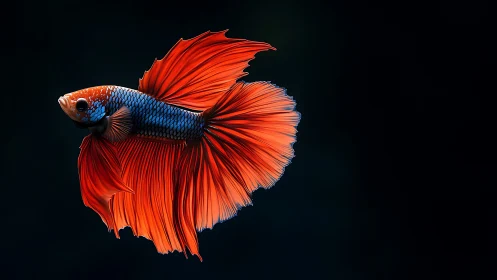 Red and blue betta fish on dark aquatic background.