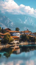 Lakeside terracotta village beneath snow capped alpine massif
