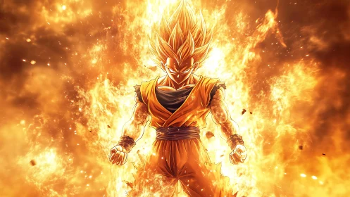 Blazing anime warrior stands fierce in roaring golden fire