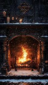 Ornamental fireplace with active fire and snow accumulation.