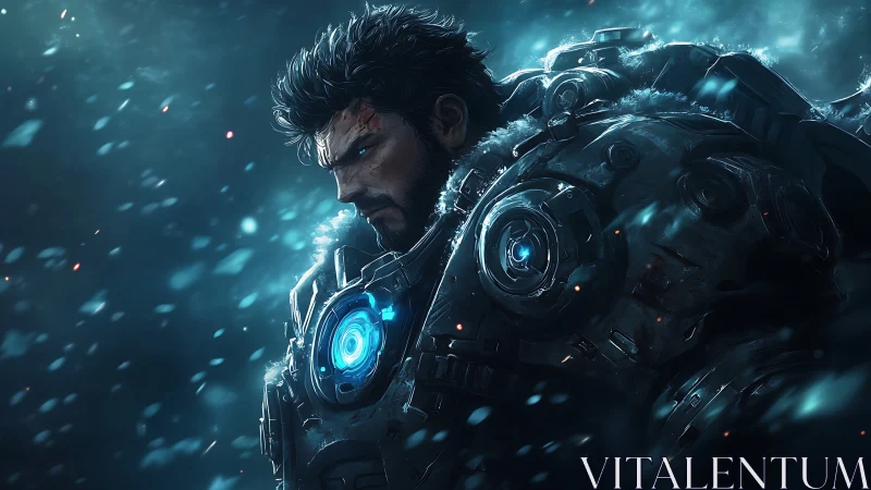 Frostbitten cyber soldier stalks the stormlit battlefield.