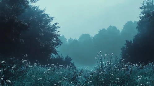 Mist-laden blue forest meadow with delicate wildflowers at dawn.