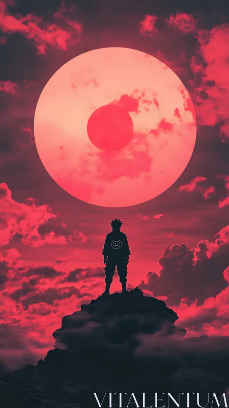 Silhouetted warrior under concentric neon eclipse anomaly.