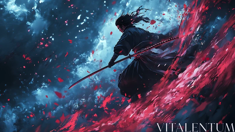 Lone samurai wields katana amid red storm of energy.