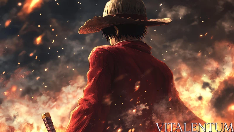 Back view of straw-hatted figure amid rising flames and smoke.