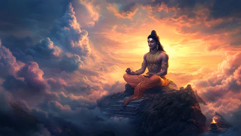 Meditating deity sits above radiant clouds at sunset.