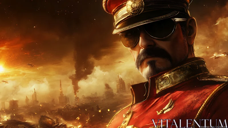Militaristic commander portrait over apocalyptic war horizon.