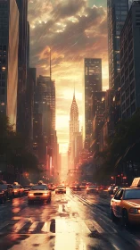 Sunlit Midtown avenue with reflective wet asphalt and cabs.