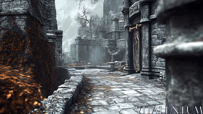 Desaturated stone citadel corridor with high-detail foliage accent