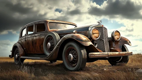 Weathered vintage sedan rendered with cinematic realism.