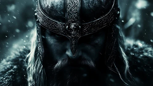 Viking warrior portrait in stormlit cinematic close-up.