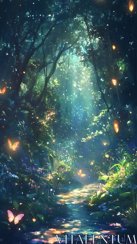 Enchanted Forest Path With Glowing Fireflies.