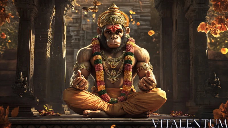Divine simian deity in ornate temple under warm cinematic light.