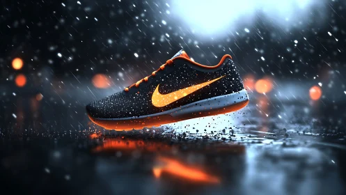 Running shoe in rain with orange trim and wet reflections.