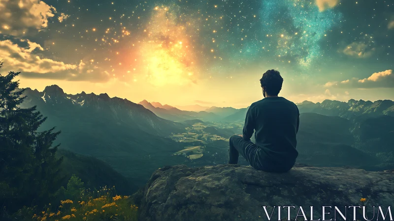 Solitary figure under glowing cosmic sky above mountains.