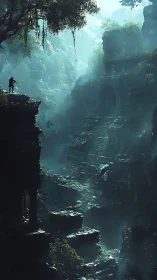 Lone explorer surveys misty jungle ruins at dawn