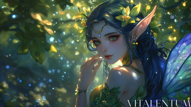Forest fairy queen under luminous emerald canopy.