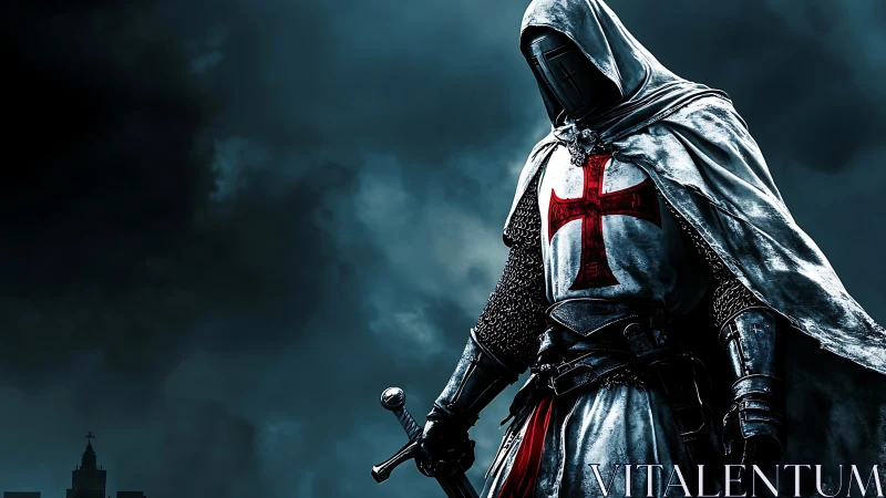 Stormlit crusader pauses, weighing steel against the night