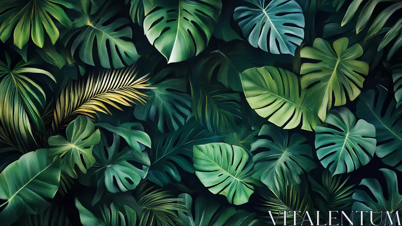 Tropical monstera leaves form layered emerald jungle canopy