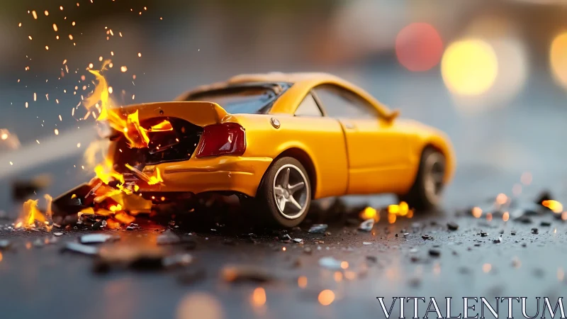 Miniature yellow automotive model experiencing controlled combustion and structural failure simulati