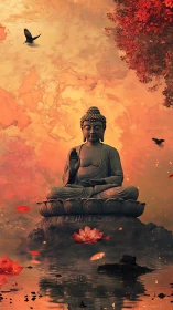 Serene Buddha statue meditates above reflective lotus pond