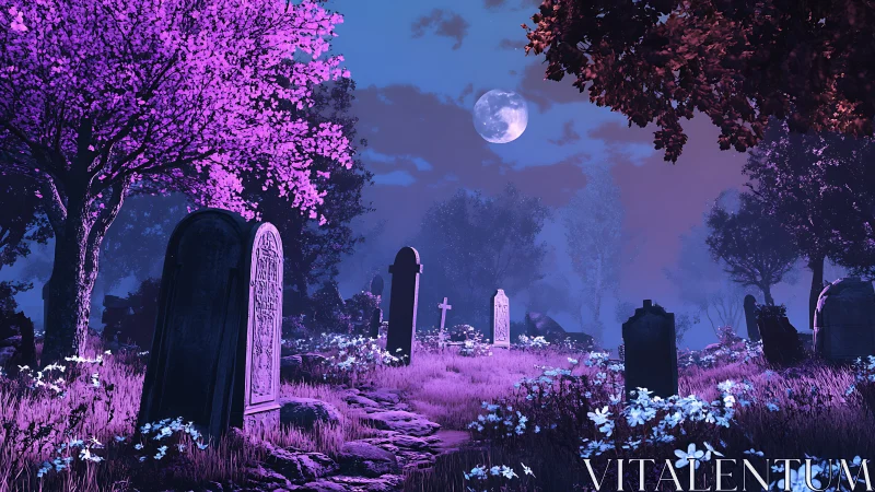 Moonlit graveyard in neon bloom and whispering shadows.